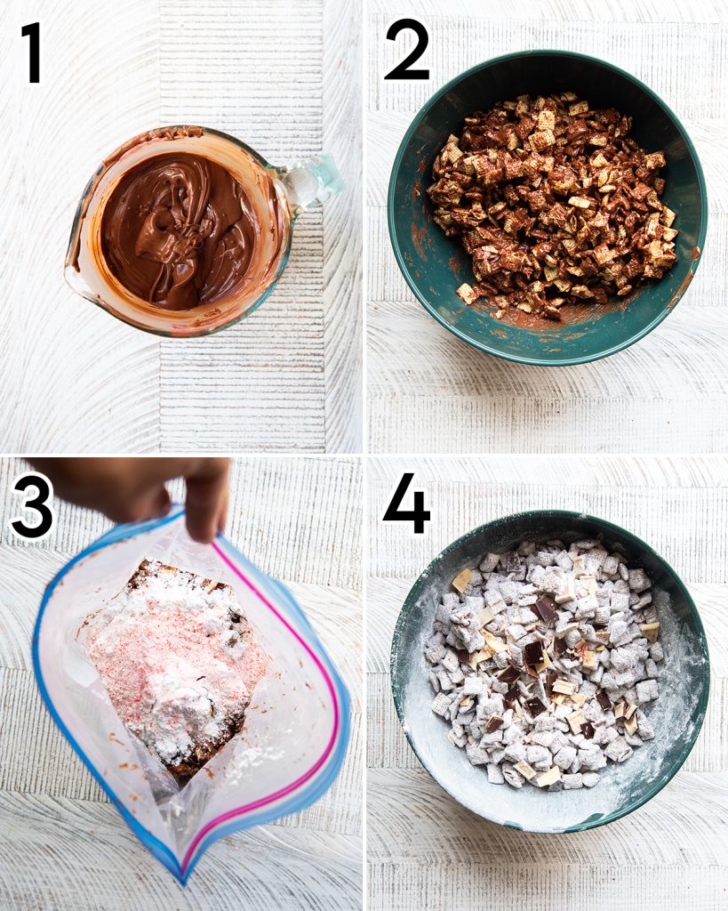 A collage of 4 ingredients showing how to make Peppermint Bark Muddy Buddies. 