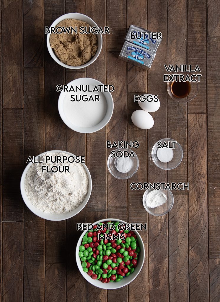 An overhead photo of the ingredients needed to make Christmas M&M cookies