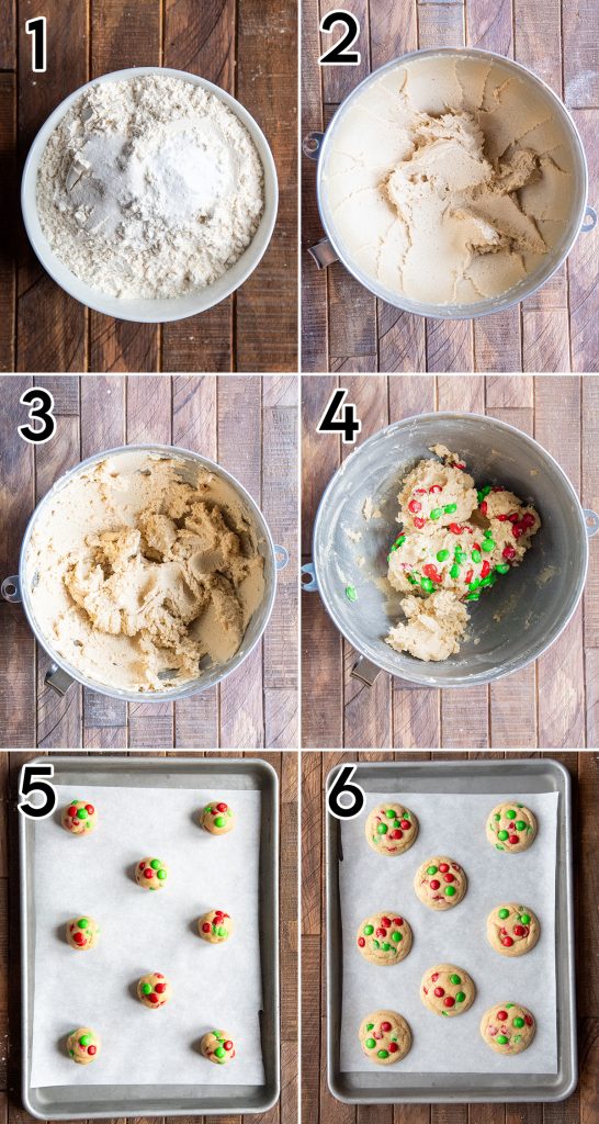 A collage of 6 photos showing how to make Christmas M&M cookies.