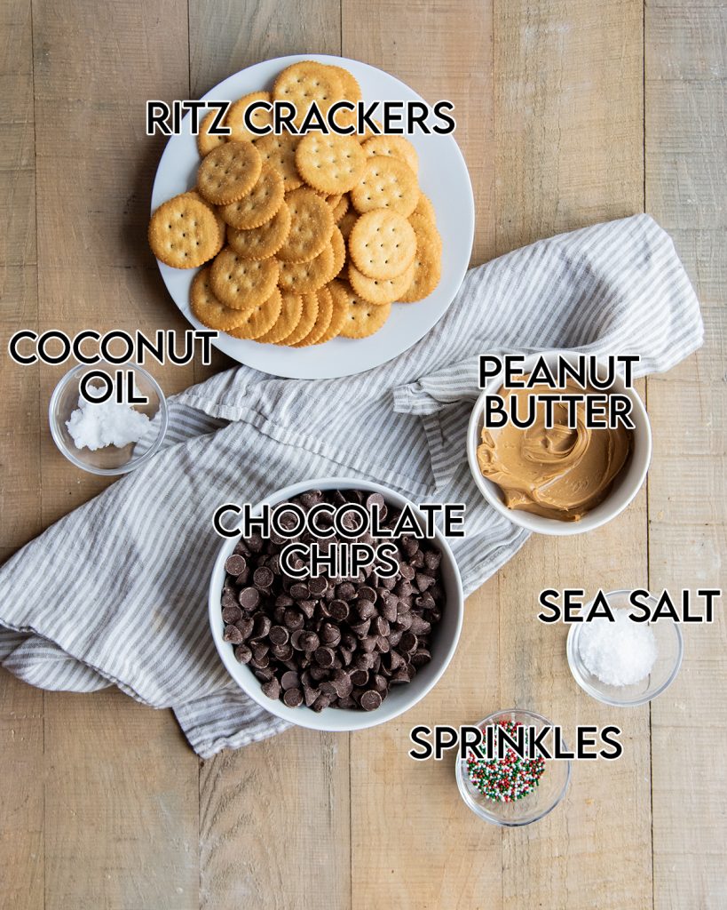 An overhead photo of the ingredients needed to make Ritz Cookies.