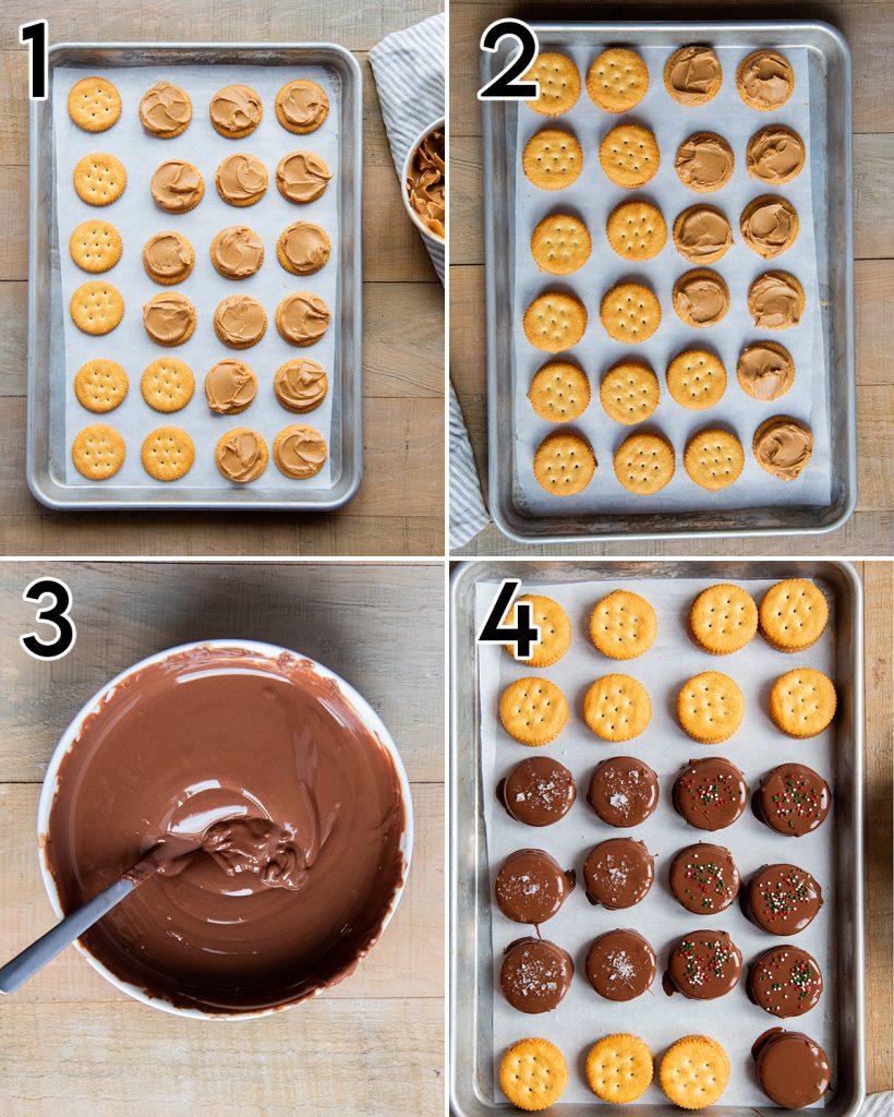 A collage of four photos showing how to make Ritz Cracker Cookies