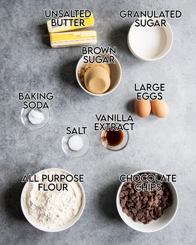 An overhead photo of the ingredients needed to make high altitude chocolate chip cookies.