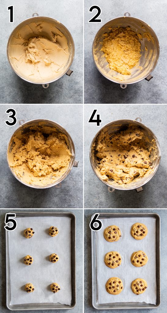 A collage of 6 photos of steps to making high altitude chocolate chip cookies.