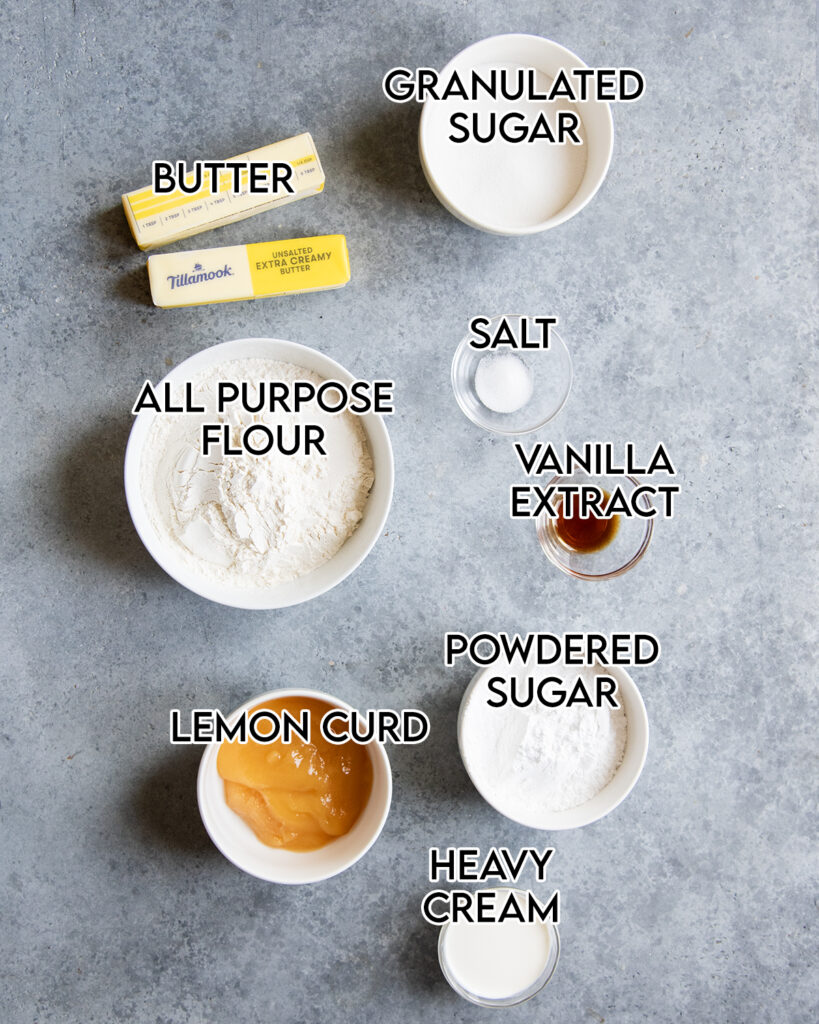 An overhead photo of the ingredients needed to make lemon thumbprint cookies.