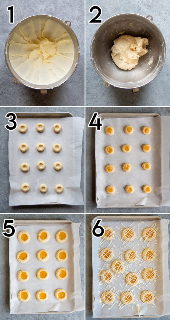 A collage of 6 photos showing how to make lemon curd thumbprint cookies.