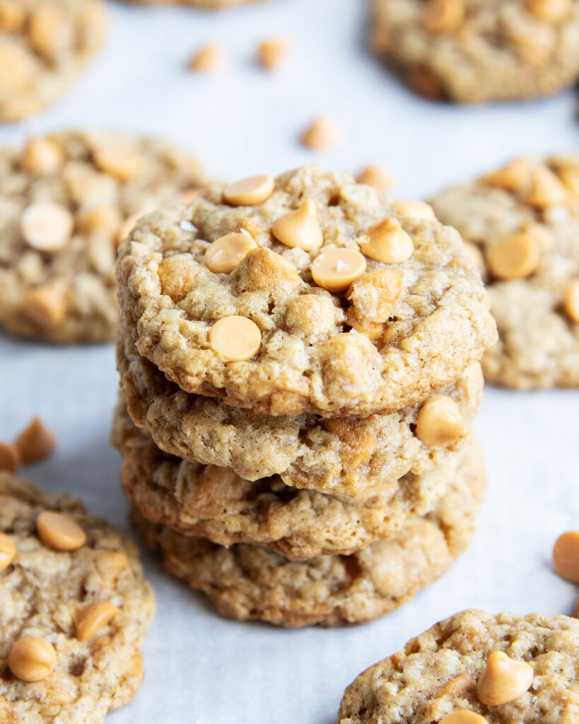 A stack of 4 oatmeal scotchie cookies.