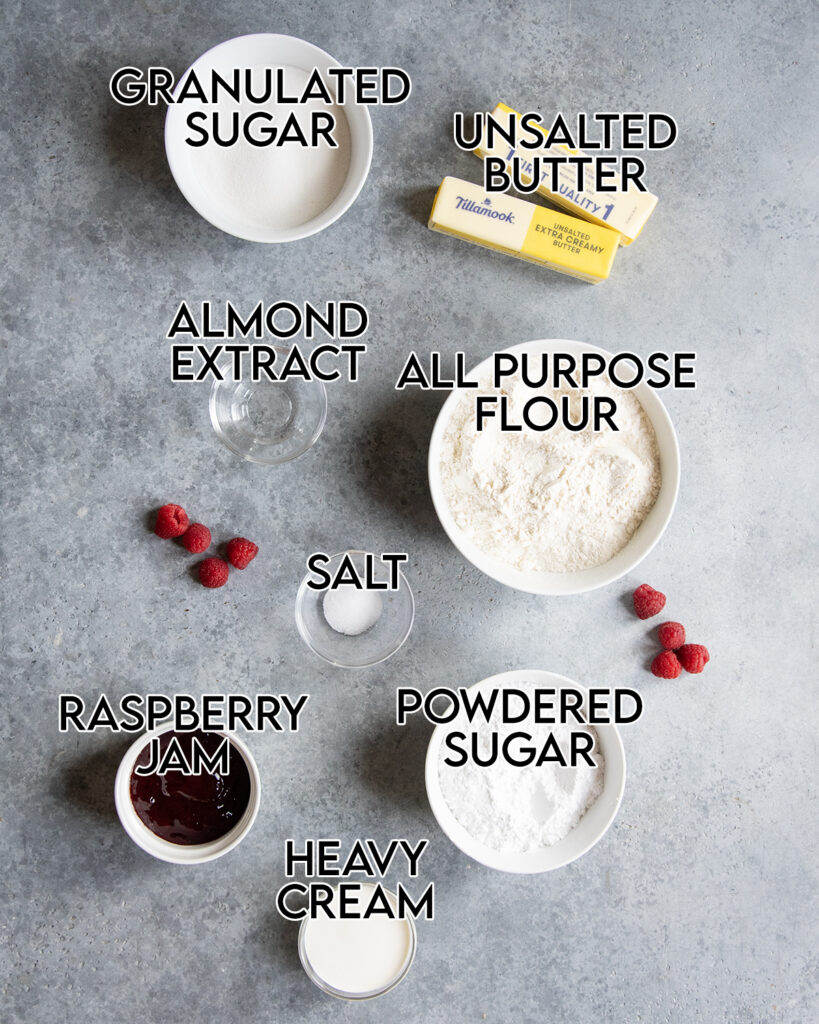 An overhead photo of the ingredients needed to make Raspberry Almond Thumbprint Cookies.