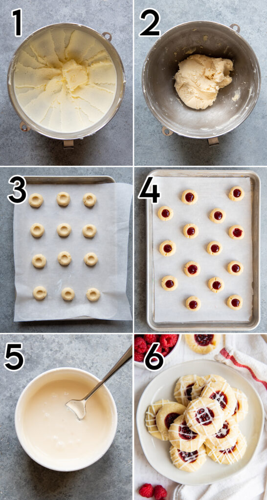 A collage of 6 photos showing how to make Raspberry Almond Thumbprint Cookies.