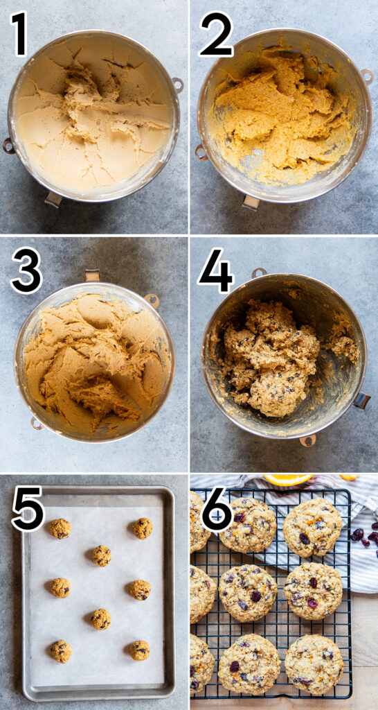 A collage of 6 photos showing how to make oatmeal cookies with cranberries and orange zest.