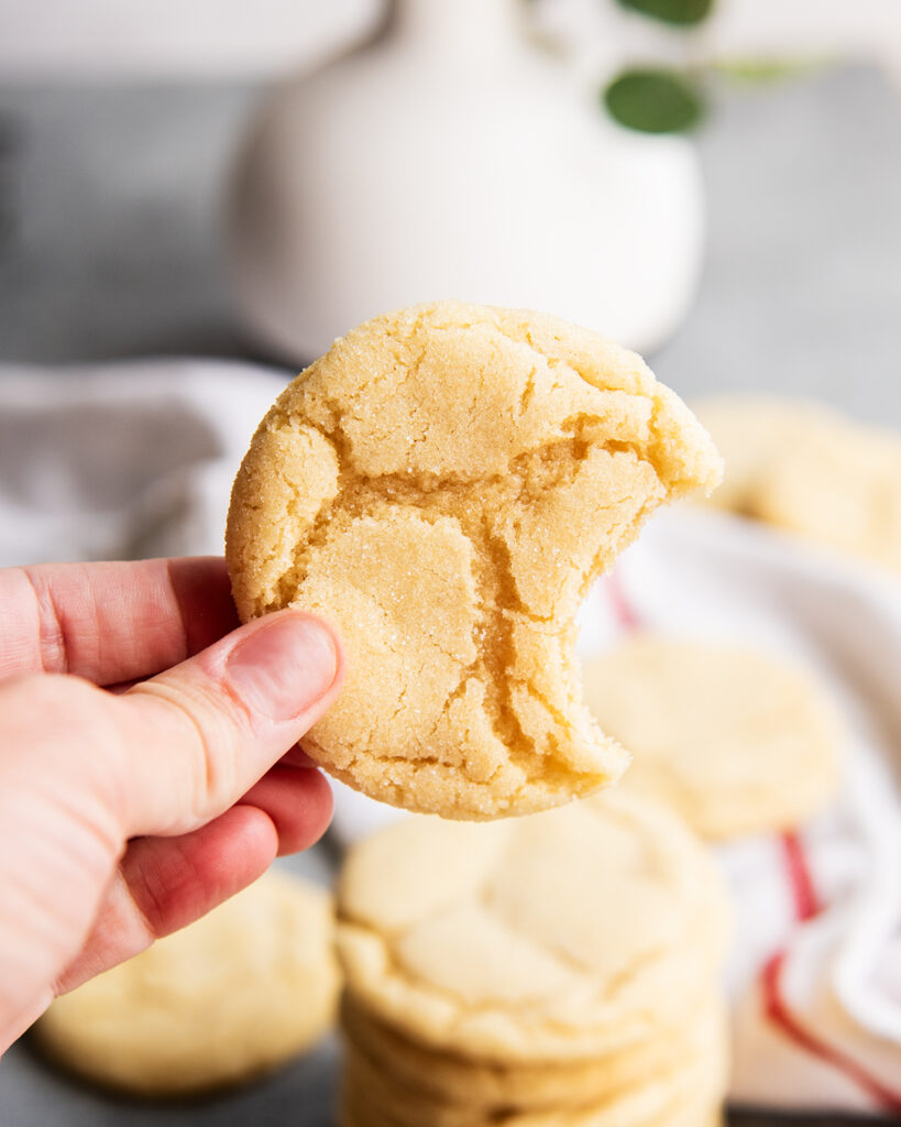 A hand holding a round chewy sugar cookie with a bite out of it.