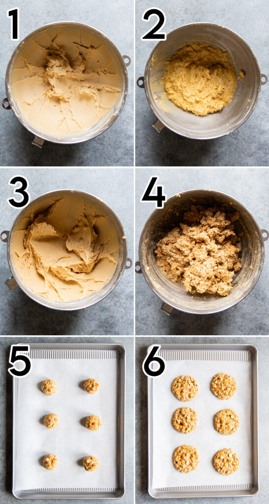 A collage of 6 photos showing how to make butterscotch oatmeal cookies, with numbers in the upper left corners.
