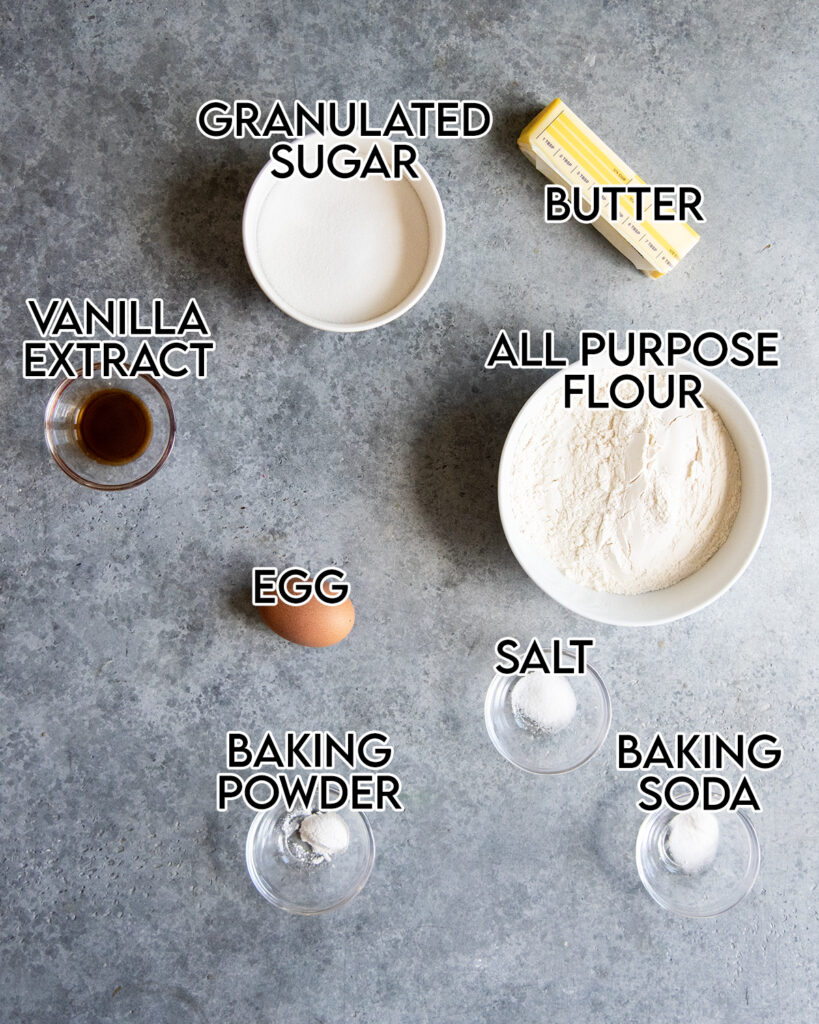 An overhead photo of the ingredients needed to make soft and chewy sugar cookies.