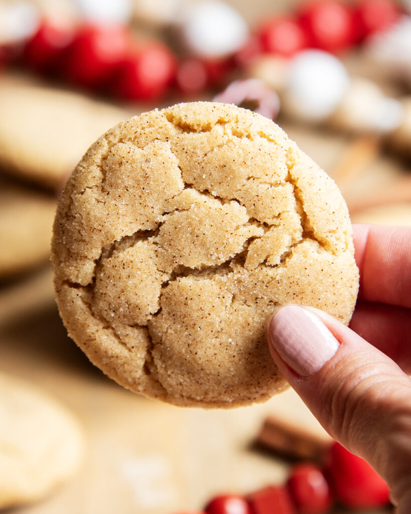 A hand holding a brown butter snickerdoodle cookie.