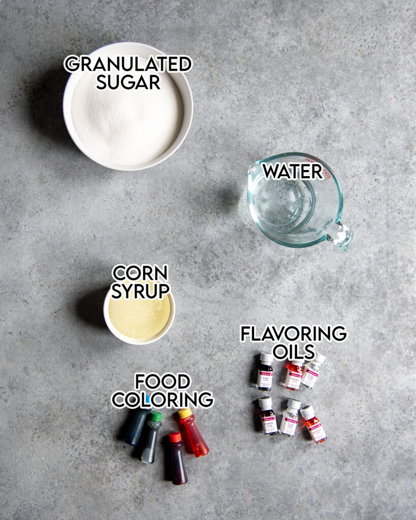 An overhead photo of 5 ingredients needed to make Hard Tack Candy
