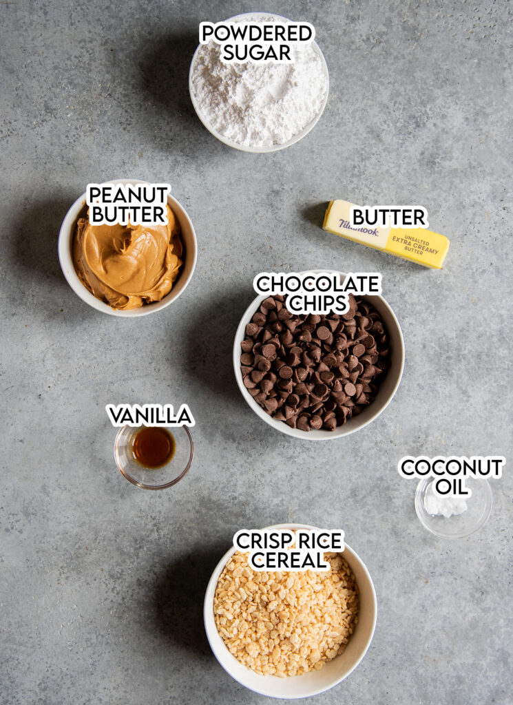 An above photo of the ingredients needed to make Crispy Peanut Butter Balls in small bowls. 