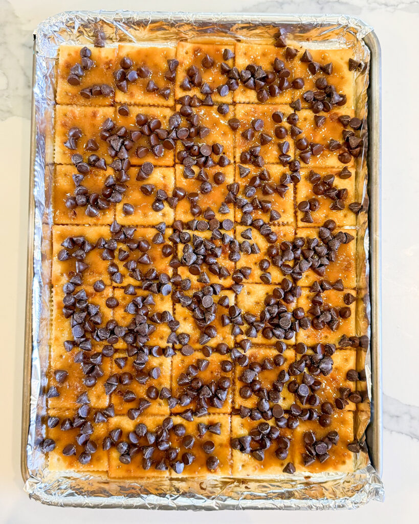 Toffee coated crackers topped with chocolate chips.
