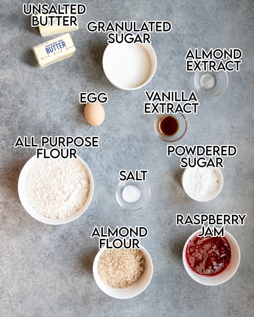 An overhead photo of the ingredients needed to make Linzer Tart Sandwich Cookies. 