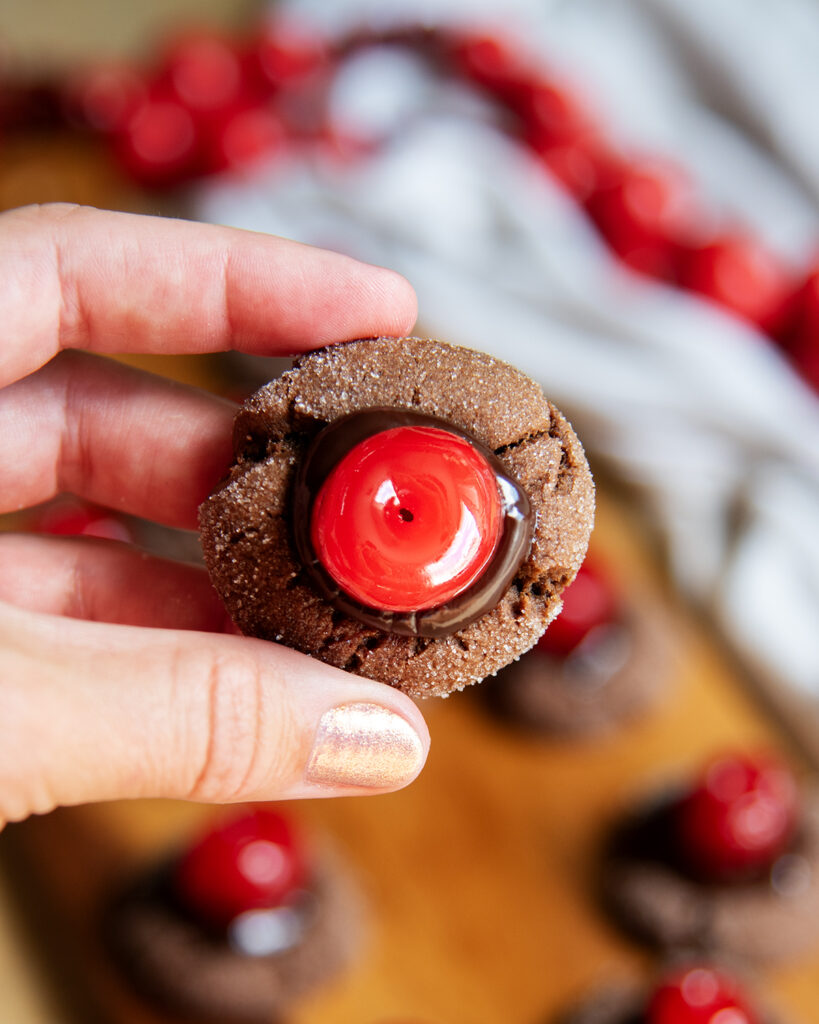 A hand holding a chocolate cookie topped with a marsaschino cherry.