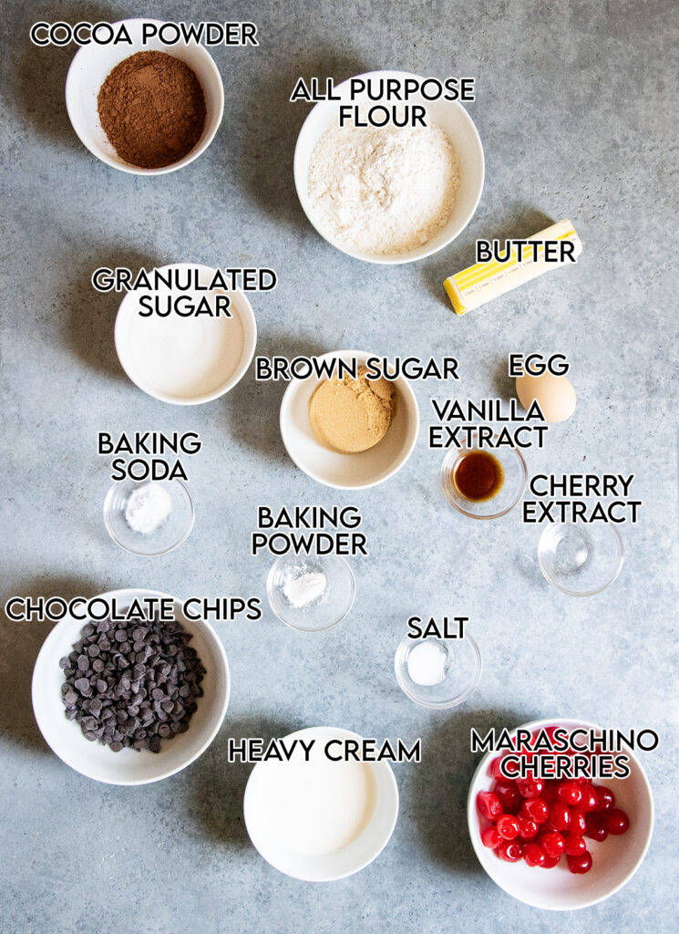 An above view of the ingredients needed to make chocolate cherry thumbprint cookies. 