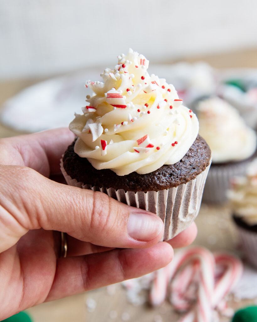 A hand holding a chocolate cupcake topped with white peppermint frosting, with candy cane pieces.