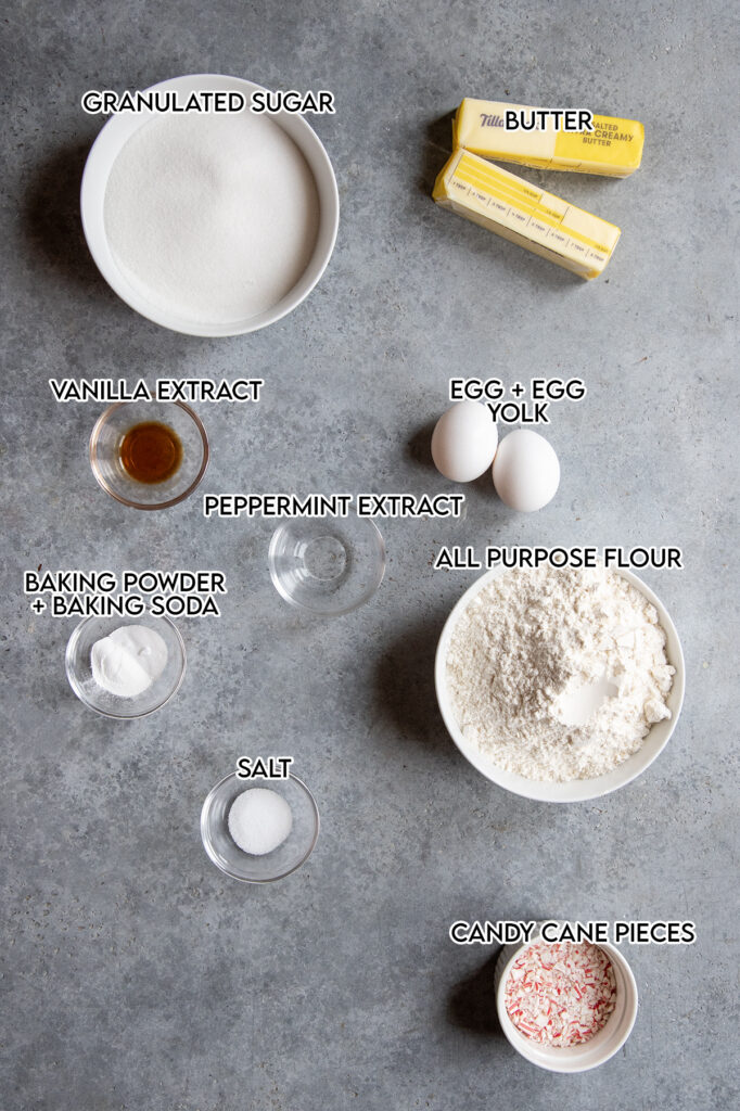 An above view of the ingredients needed to make peppermint sugar cookies. 