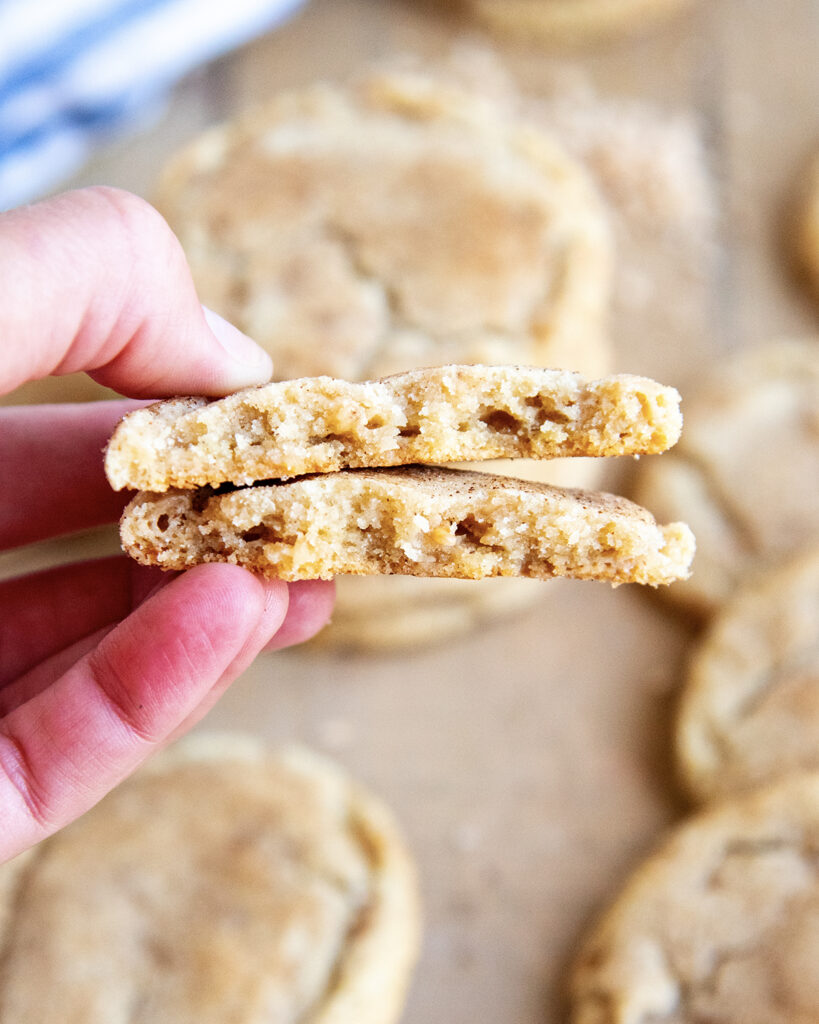 A hand holding two halves of a toffee doodle cookie.