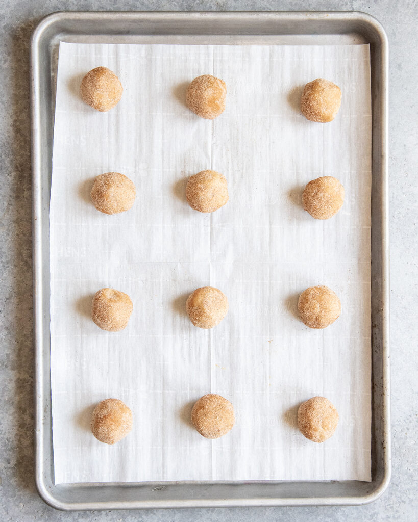 Cookie dough balls rolled in cinnamon sugar in rows on a cookie sheet.