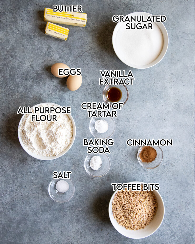 An overhead photo of the ingredients needed to make toffee doodle cookies. 