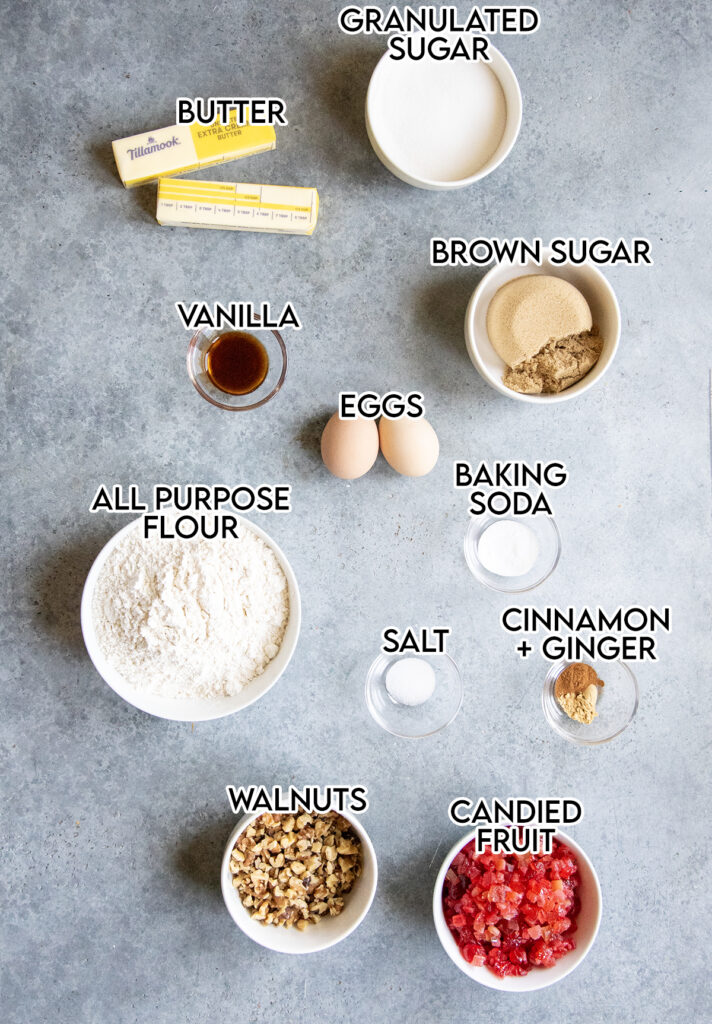 Bowls of the ingredients needed to make fruitcake cookies. 