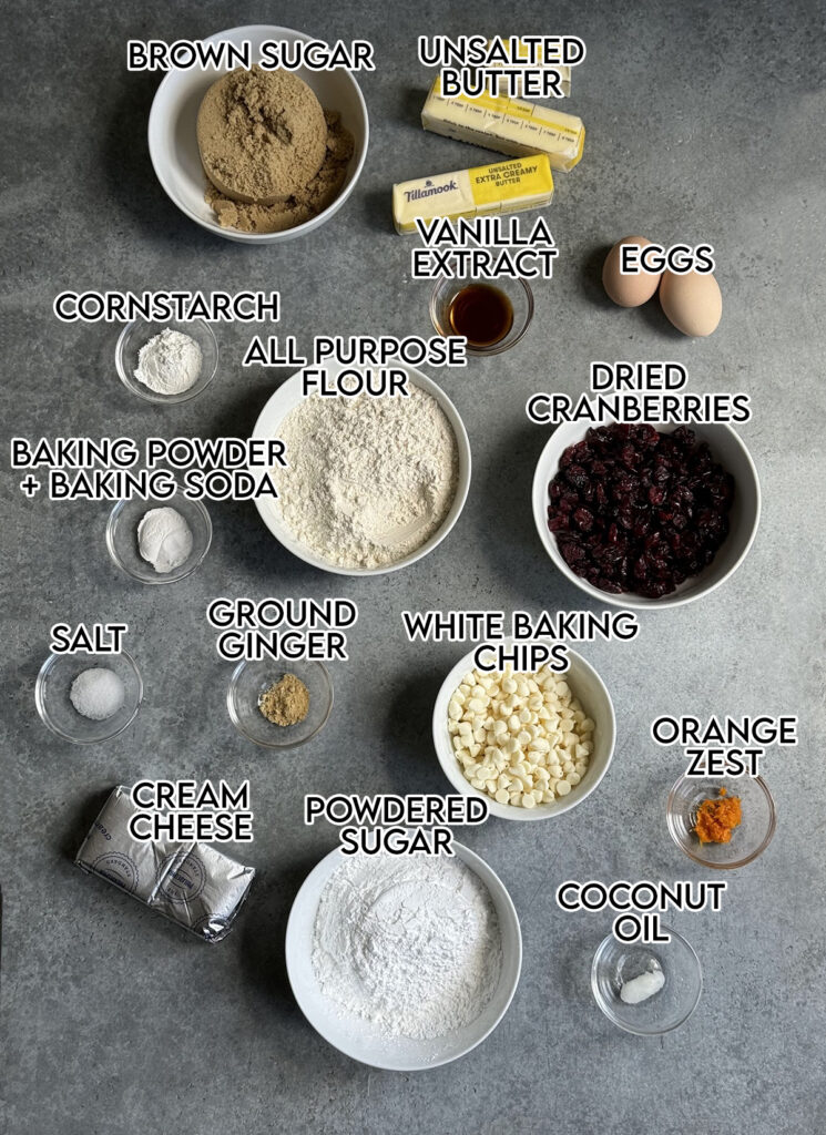 An above photo of the ingredients needed to make White chocolate Cranberry Bars.