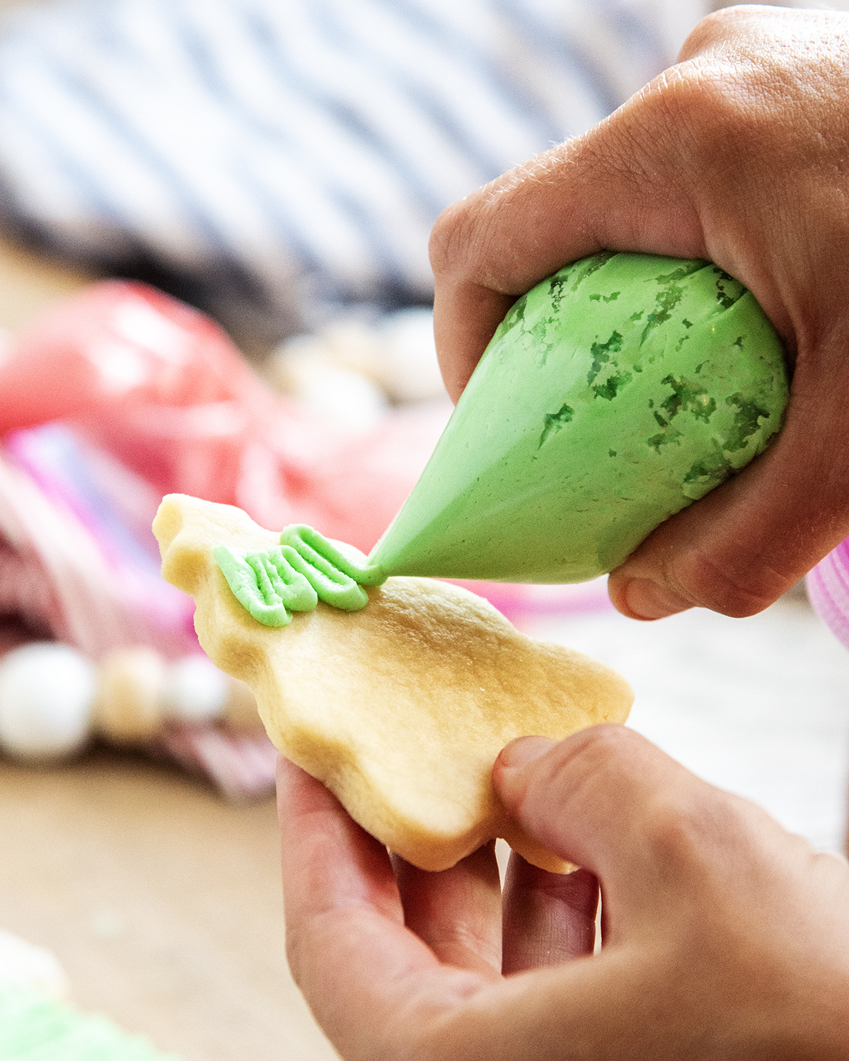 A hand piping green frosting onto a tree shaped sugar cookie.