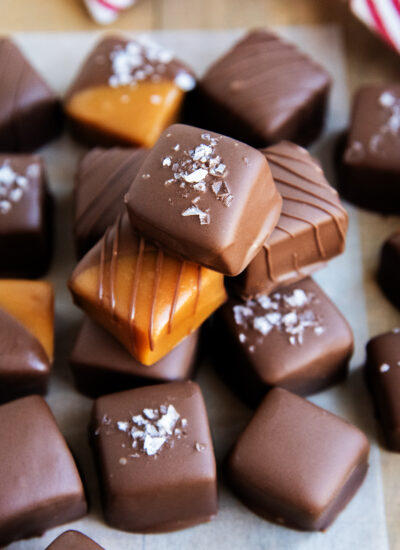 A pile of homemade chocolate covered caramels.