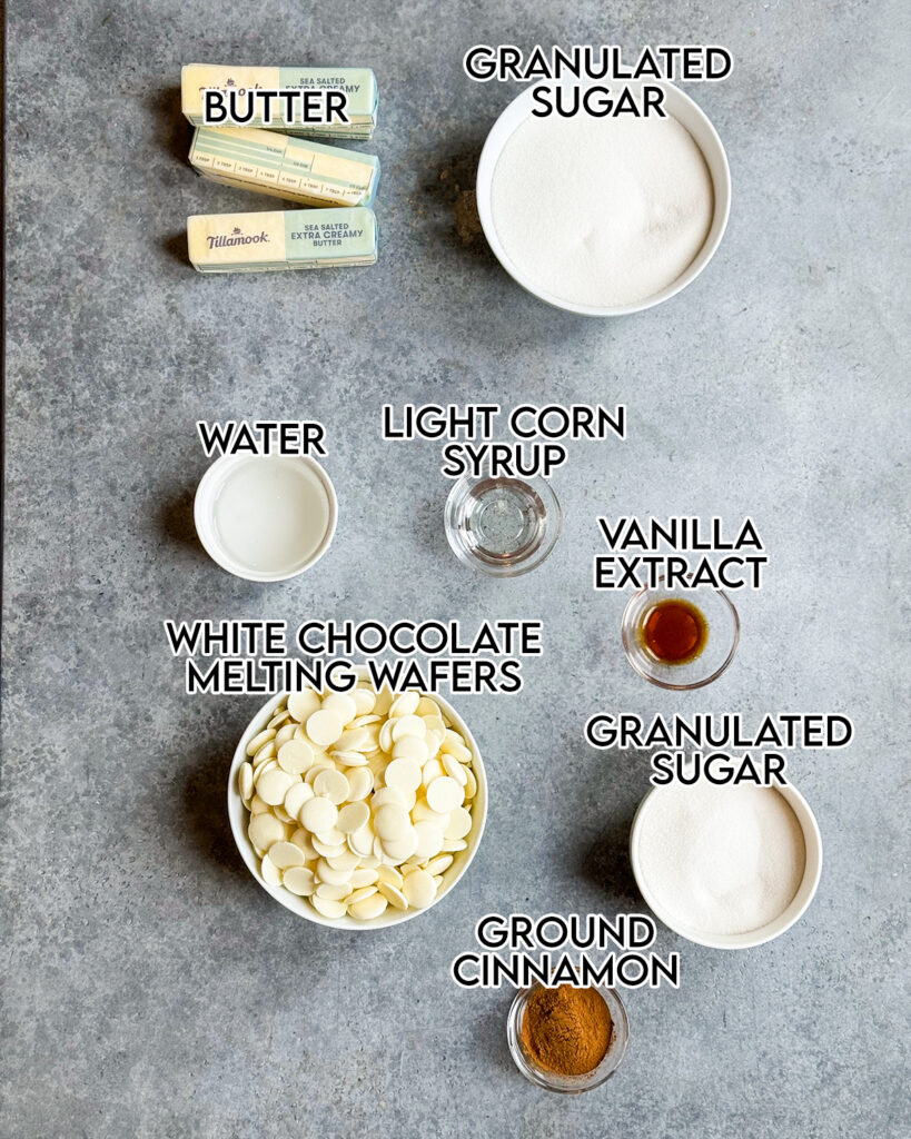 Bowls of the ingredients needed to make white chocolate churro toffee. 