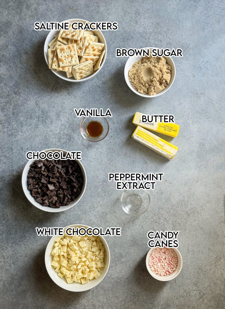 Bowls full of the ingredients needed to make Peppermint Bark Cracker Toffee. 