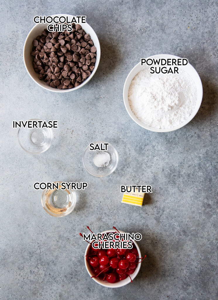 Bowls of the ingredients needed to make chocolate covered cherries at home. 