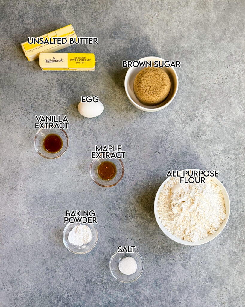 An overhead of the ingredients needed to make maple sugar cookies. 