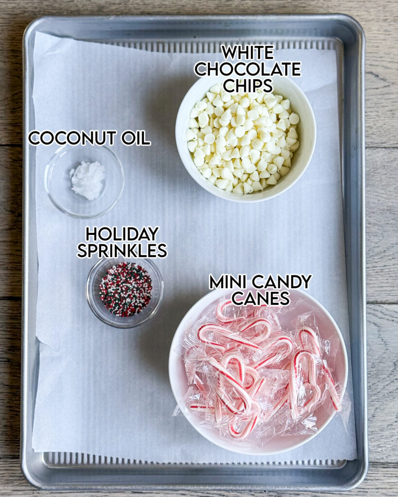 Small bowls of the ingredients needed to make candy cane hearts. 