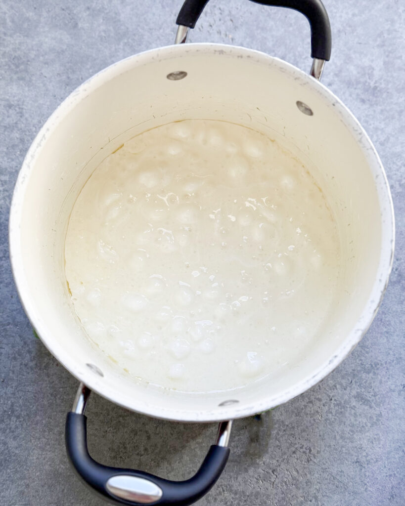 Melted marshmallows in a pan. 