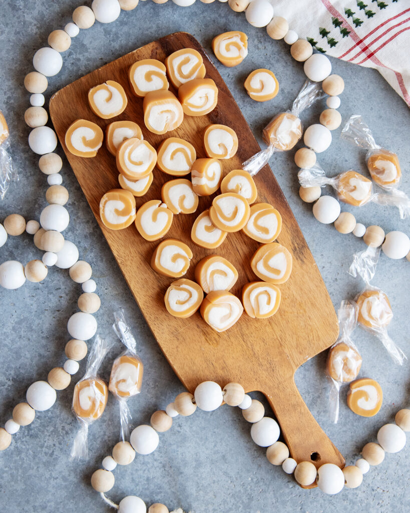 An above view of a Caramel Creams with circular caramels filled with vanilla cream in the middle.