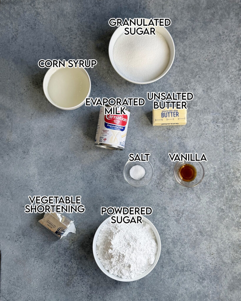 The ingredients needed to make vanilla cream filled caramels. 