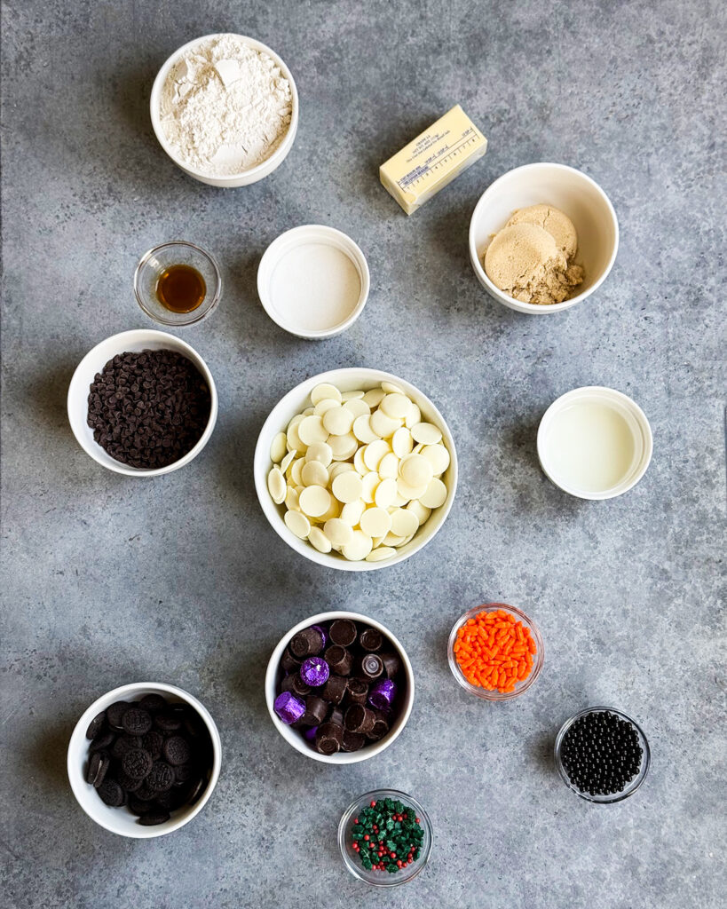 The ingredients needed to make snowman chocolate chip cookie dough balls. 