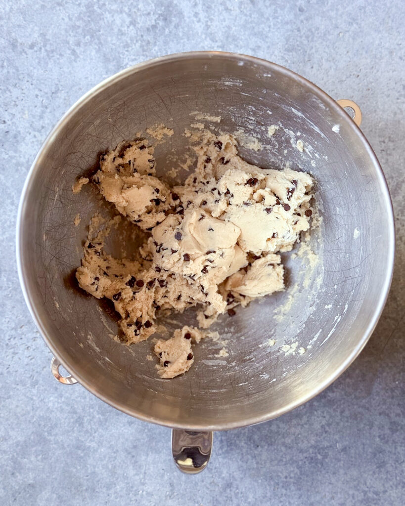 Chocolate Chip cookie dough in a mixing bowl.