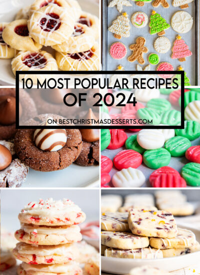 A collage of 6 photos of desserts, with thumbprint ocokies, sugar cookies, blosso, cookies, and cream cheese mints with a text block over the top for pinterest