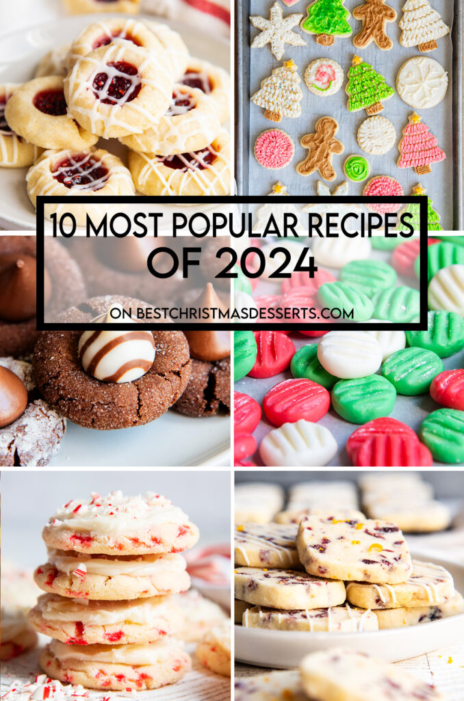 A collage of 6 photos of desserts, with thumbprint ocokies, sugar cookies, blosso, cookies, and cream cheese mints with a text block over the top for pinterest