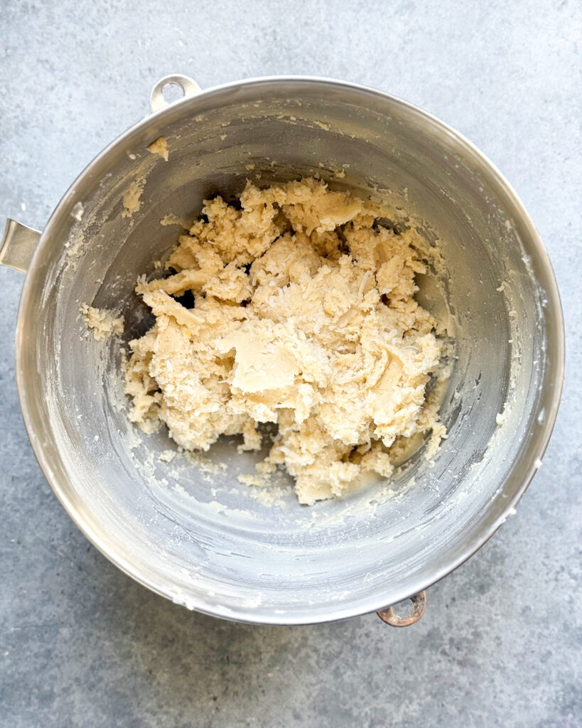 A bowl of coconut lemon shortbread cookie dough.