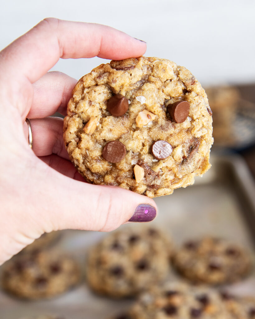 A hand holding an oatmeal toffee chocolate chip cookie.