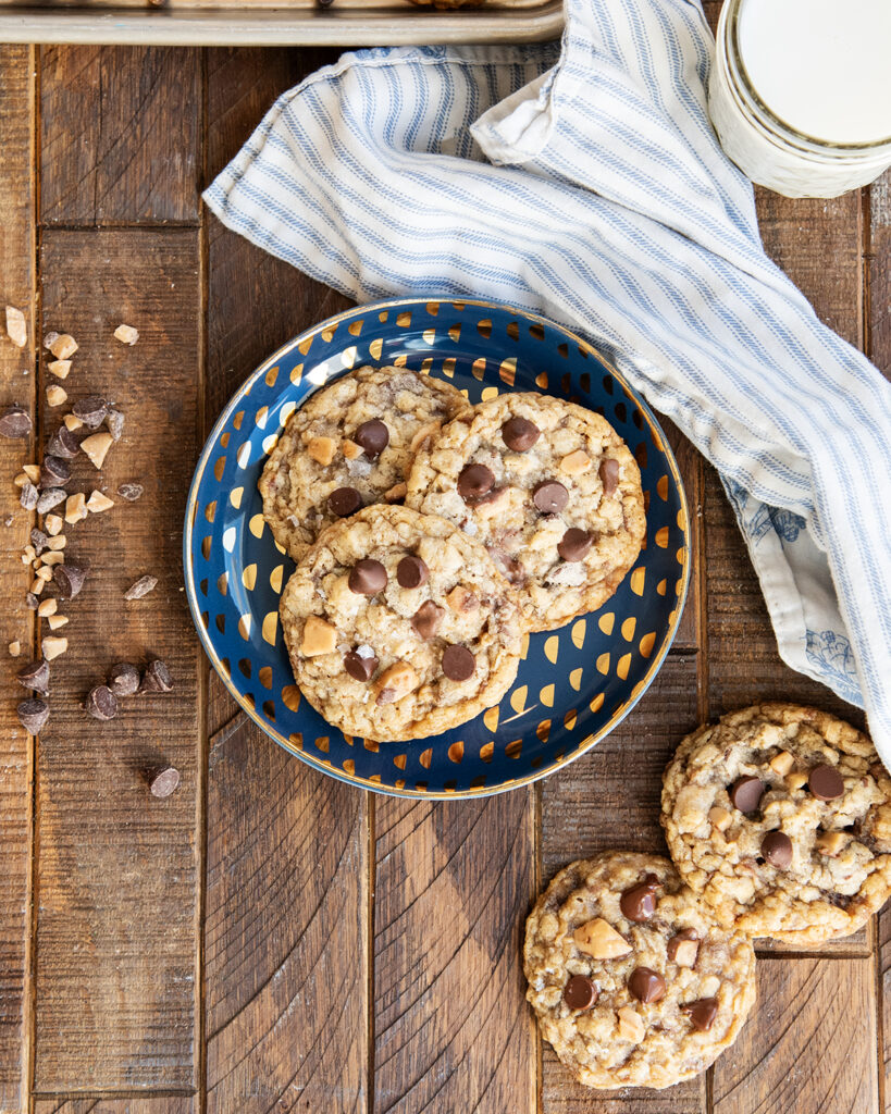 A plate of three Toffee and Oatmeal Cookies. 