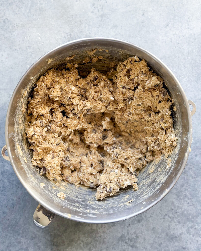 A bowl of oatmeal toffee cookie dough.