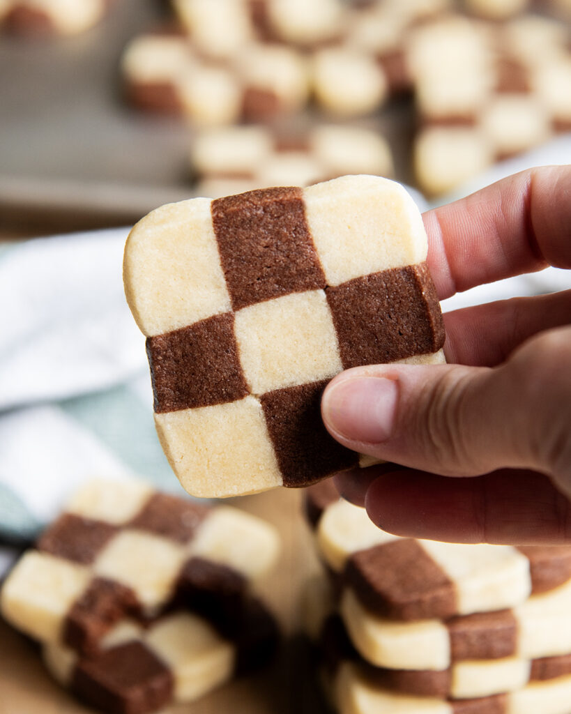 A hand holding a vanilla and chocolate checkerboard cookie.