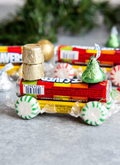 A candy train made with life savers, mints, rolos, and hershey kisses.